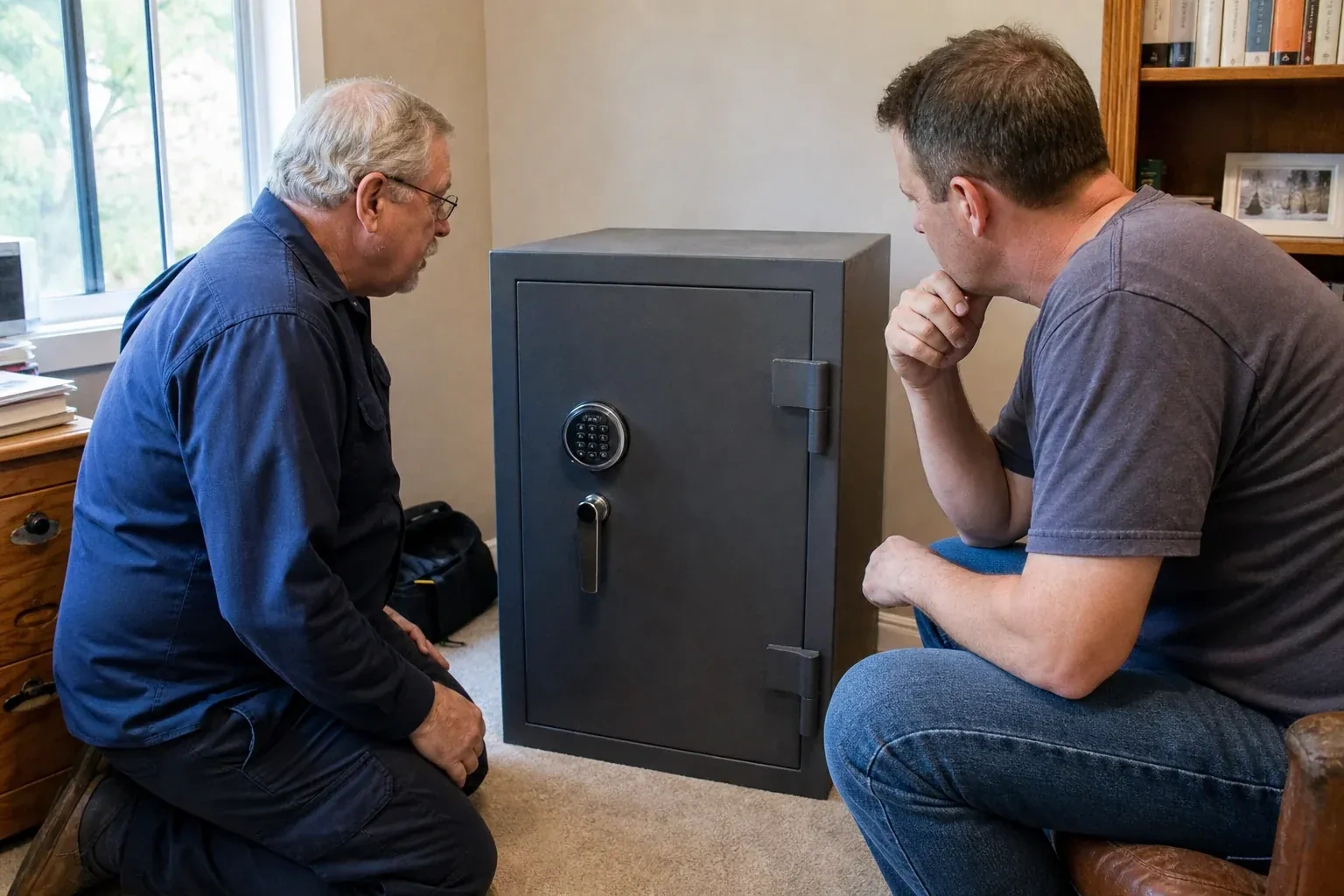 Two adults discussing a closed keypad safe in a home study. — Safe Opening & Combination Change, Woodstock