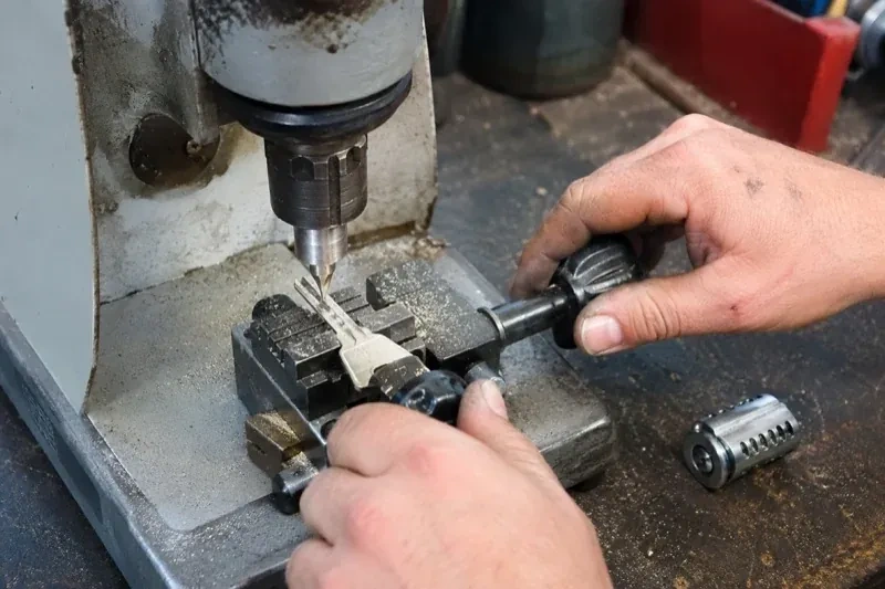 Hands operating a bench-mounted machine with a key clamped beneath a vertical cutter and a loose lock cylinder nearby. — Car Key Replacement, Woodstock