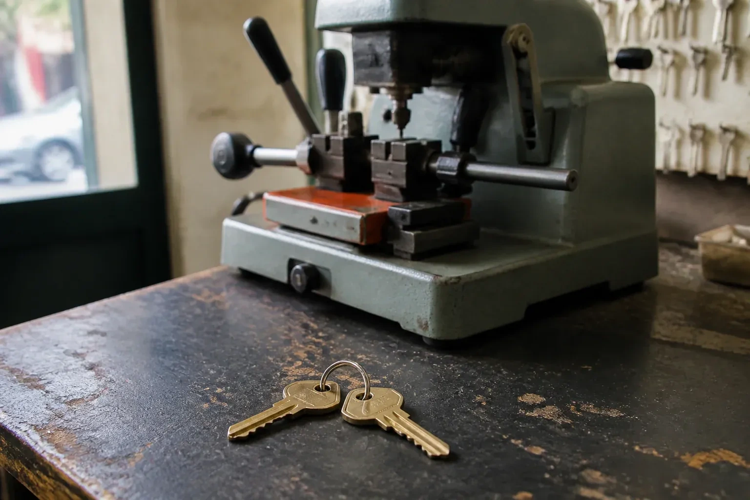 Two brass house keys on a ring resting on a workshop counter. — Spare Car Key Duplication, Woodstock