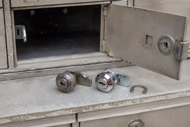 Two loose cam locks and a retaining clip resting below an open metal mailbox compartment. — Mailbox Lock Replacement, Woodstock