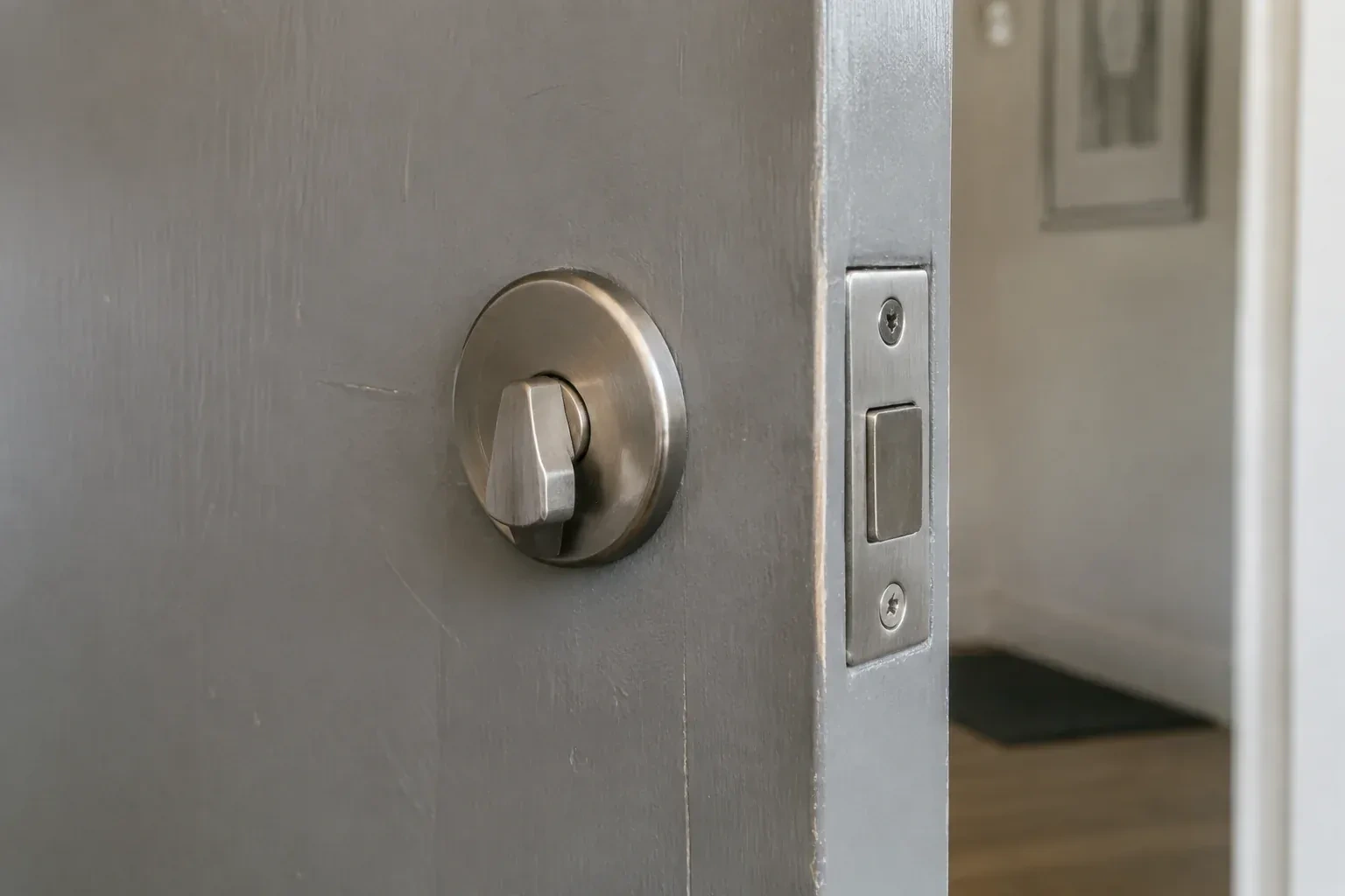 Close view of a satin-nickel deadbolt thumbturn and edge faceplate on a painted timber door. — Deadbolt Installation, Woodstock