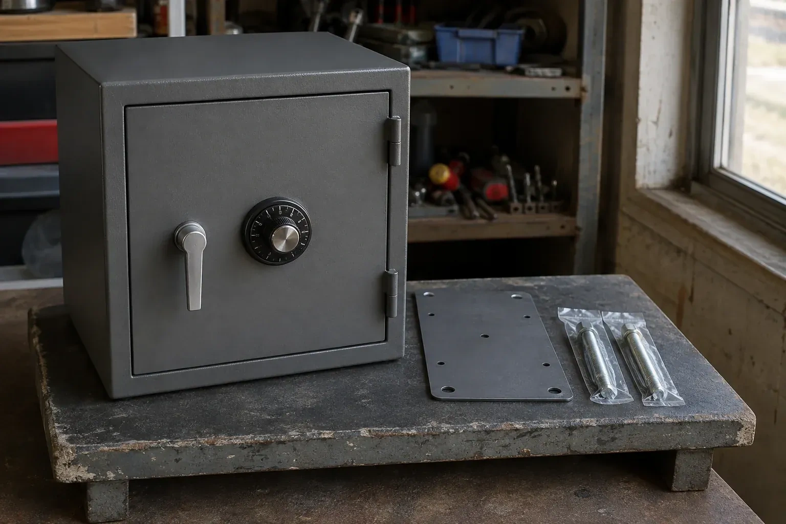 Closed small safe beside a metal plate and packaged fasteners on a workshop bench. — Safe Installation & Servicing, Woodstock
