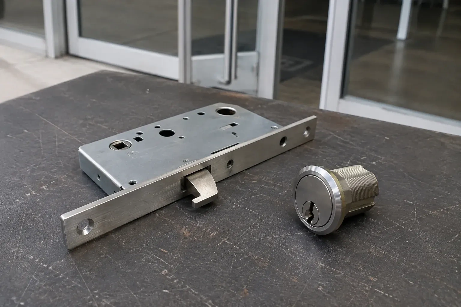 Detached mortise lock body with a projecting hook-shaped bolt beside a threaded cylinder. — Commercial-Grade Lock Replacement, Woodstock
