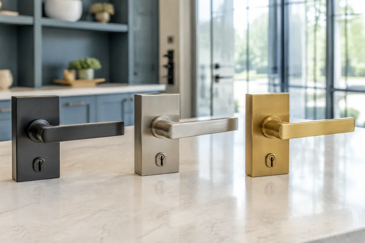 Three rectangular door-handle sets with keyholes in black, silver-colored and gold-colored finishes standing on a countertop. — Commercial Rekeying, Woodstock