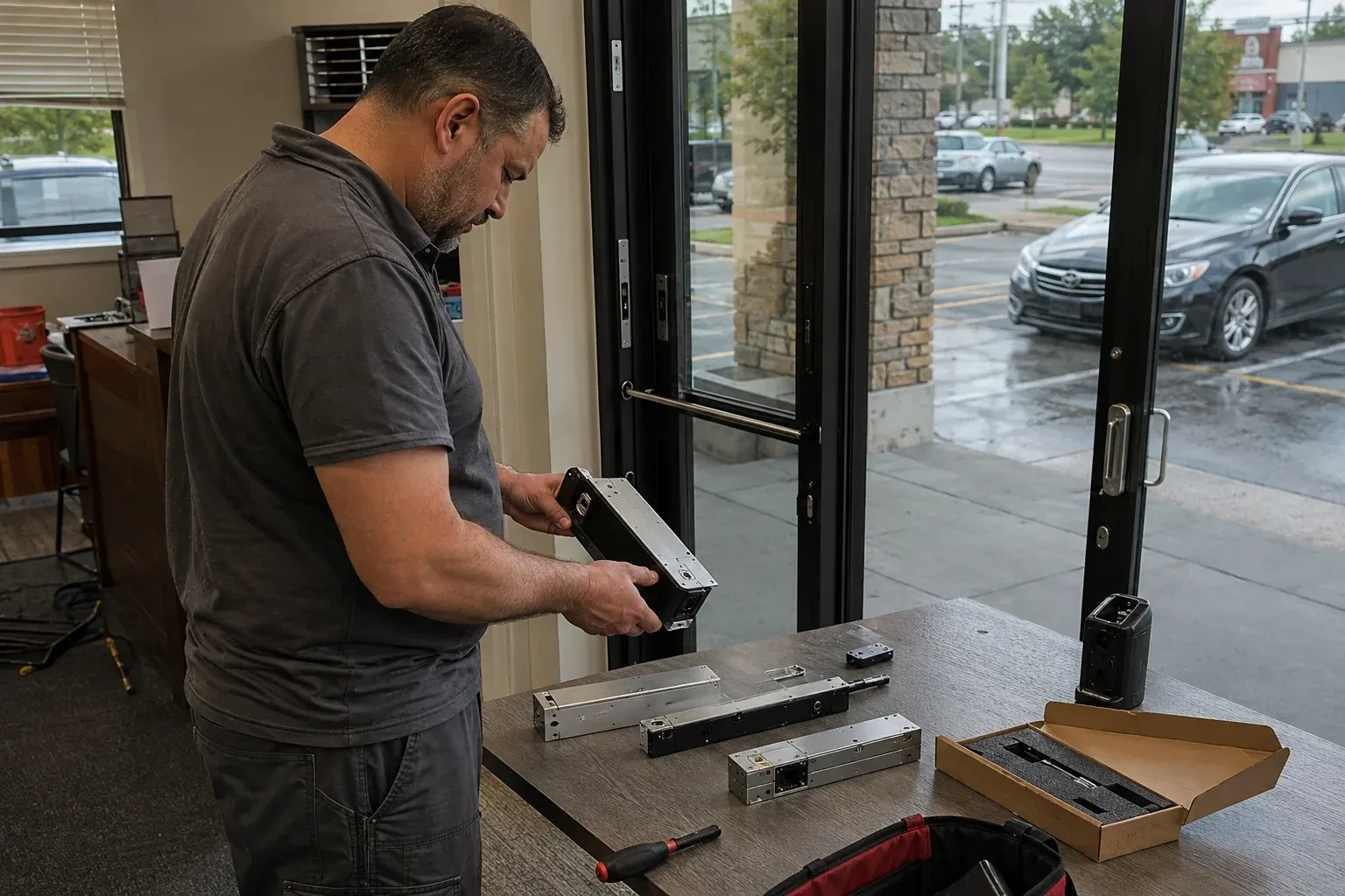 Person holding a rectangular door-hardware housing at a table with additional metal assemblies beside a glass entrance. — Access Control Installation, Woodstock