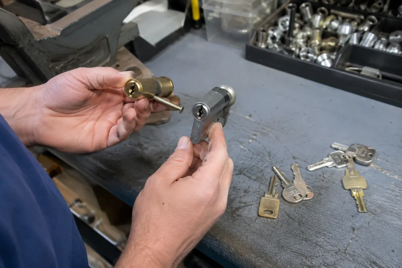 Hands comparing detached lock cylinders beside loose keys on a workbench. — Broken Key Extraction, Woodstock