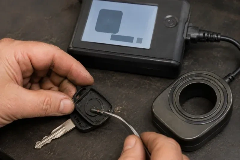 Hands using tweezers at an opened car-key head beside a small electronic unit and a ring-shaped accessory. — Transponder Key Programming, Woodstock