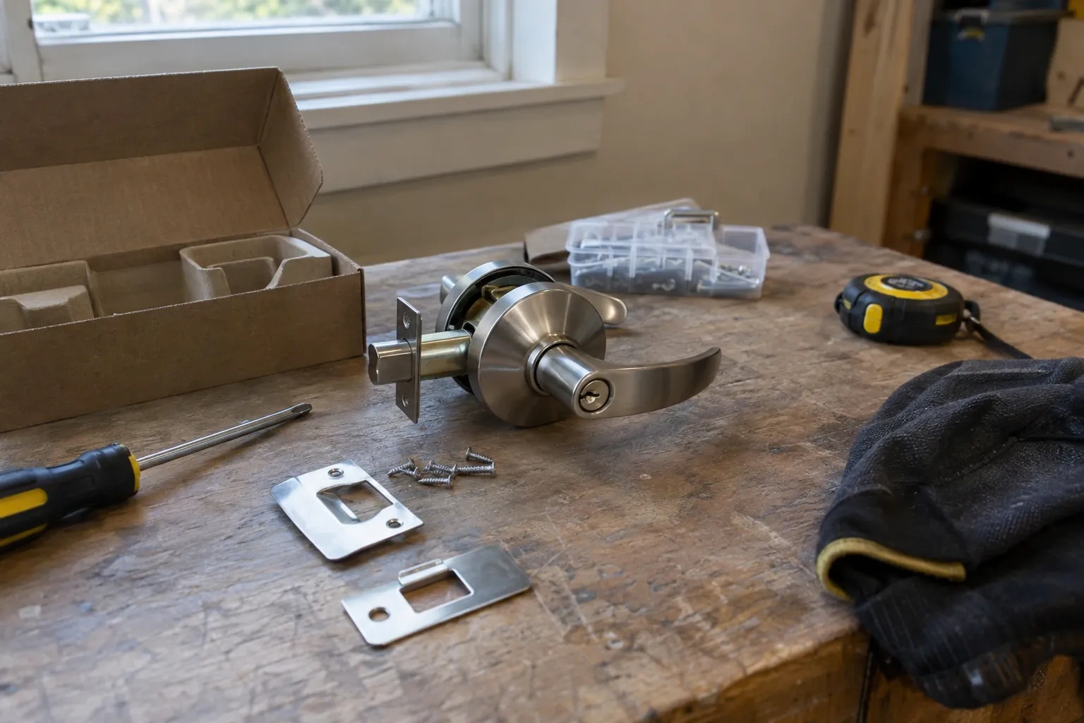 Steel lever handle lockset with two strike plates, loose screws, a screwdriver and an open box on a wooden bench. — Bradburn Subdivision