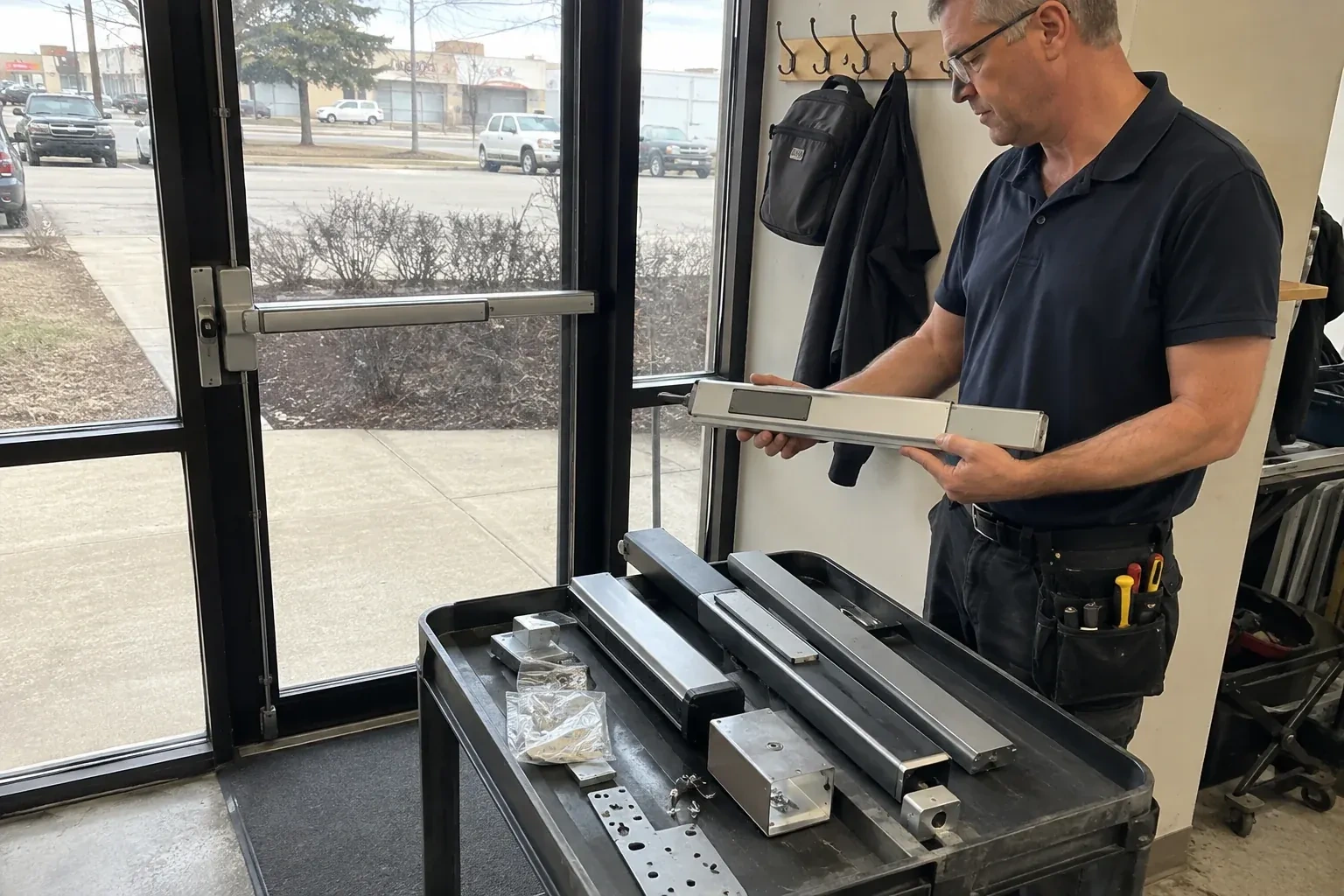 Person holding a long metal door-hardware assembly beside a cart of similar parts and a glass door fitted with a push bar. — Panic & Exit Hardware, Woodstock