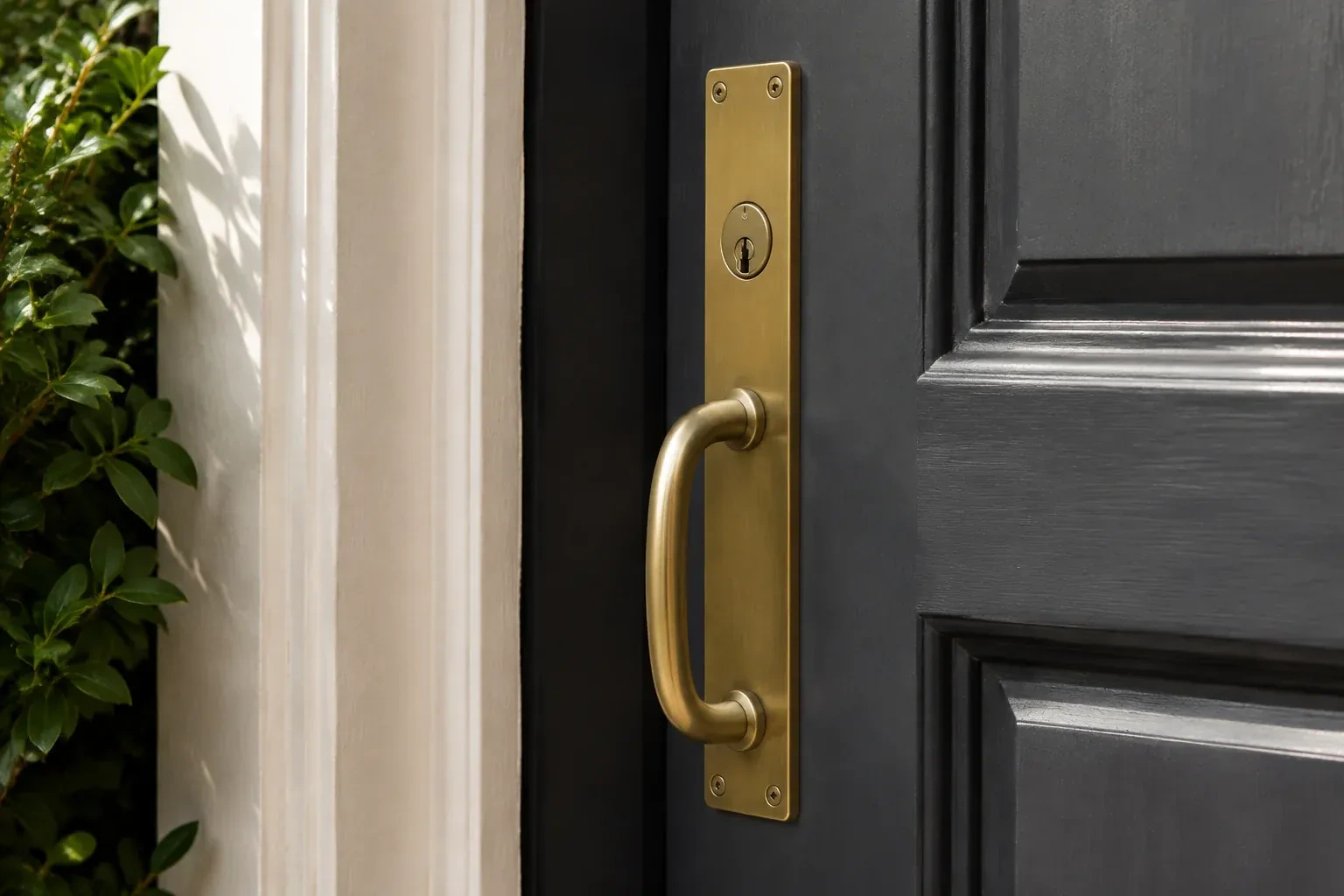Brass pull handle on a long rectangular plate with a keyhole, mounted on a black paneled door beside a white frame. — Zorra