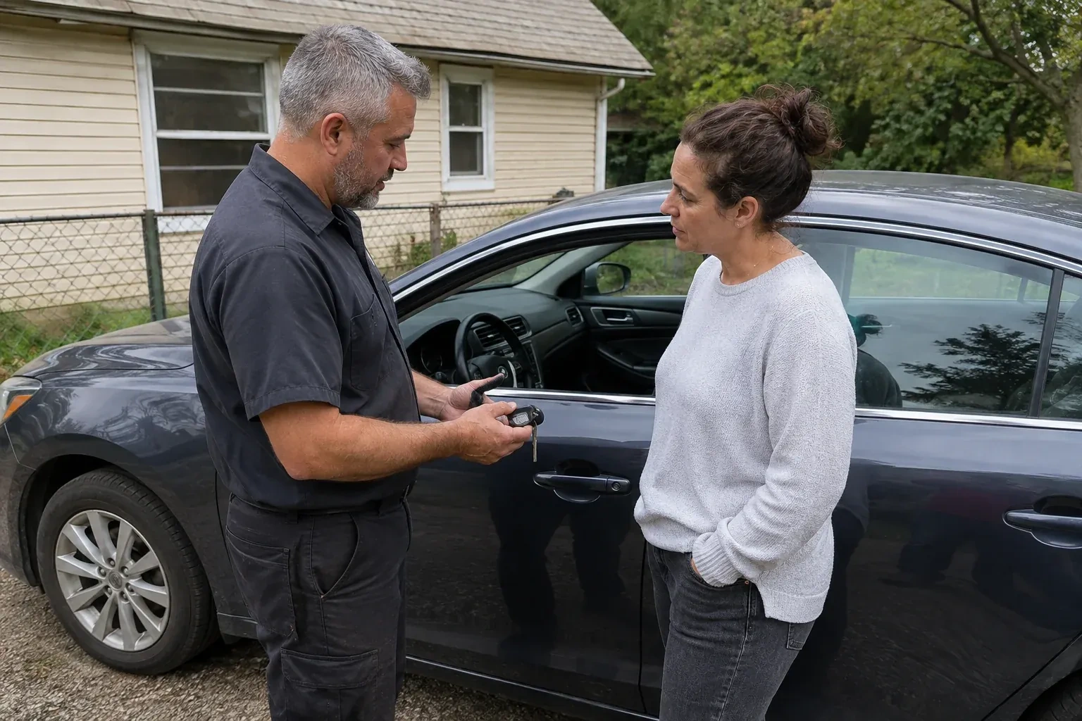 Two people standing beside a car with its window lowered, one holding a key and black key fob. — Ignition Lock Repair, Woodstock