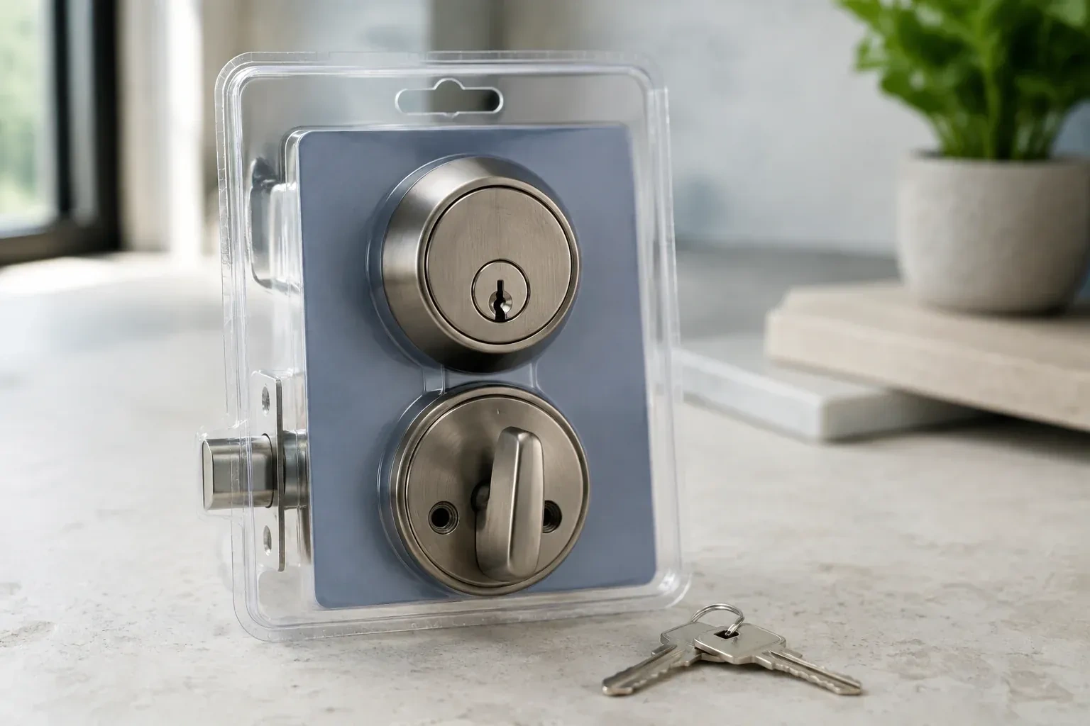 A silver-colored deadbolt set in clear packaging with two keys resting on the countertop in front. — Lock Rekeying, Woodstock