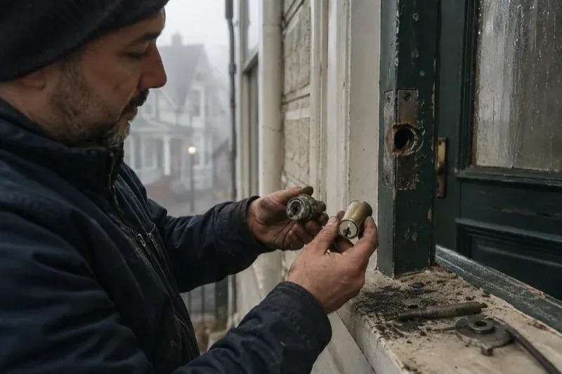 Person holding two lock cylinders beside an open painted door, with loose hardware and debris on the sill. — Seized & Jammed Lock Opening, Woodstock