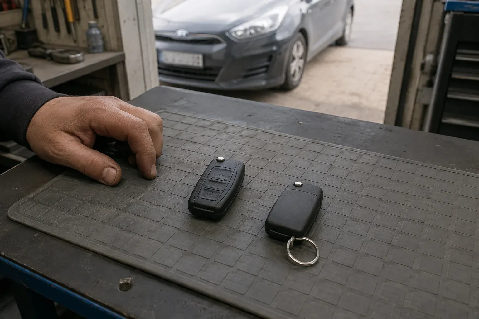 Two vehicle remote fobs on a work mat beside a technician’s hand, with a parked car beyond. — Key Fob Programming, Woodstock